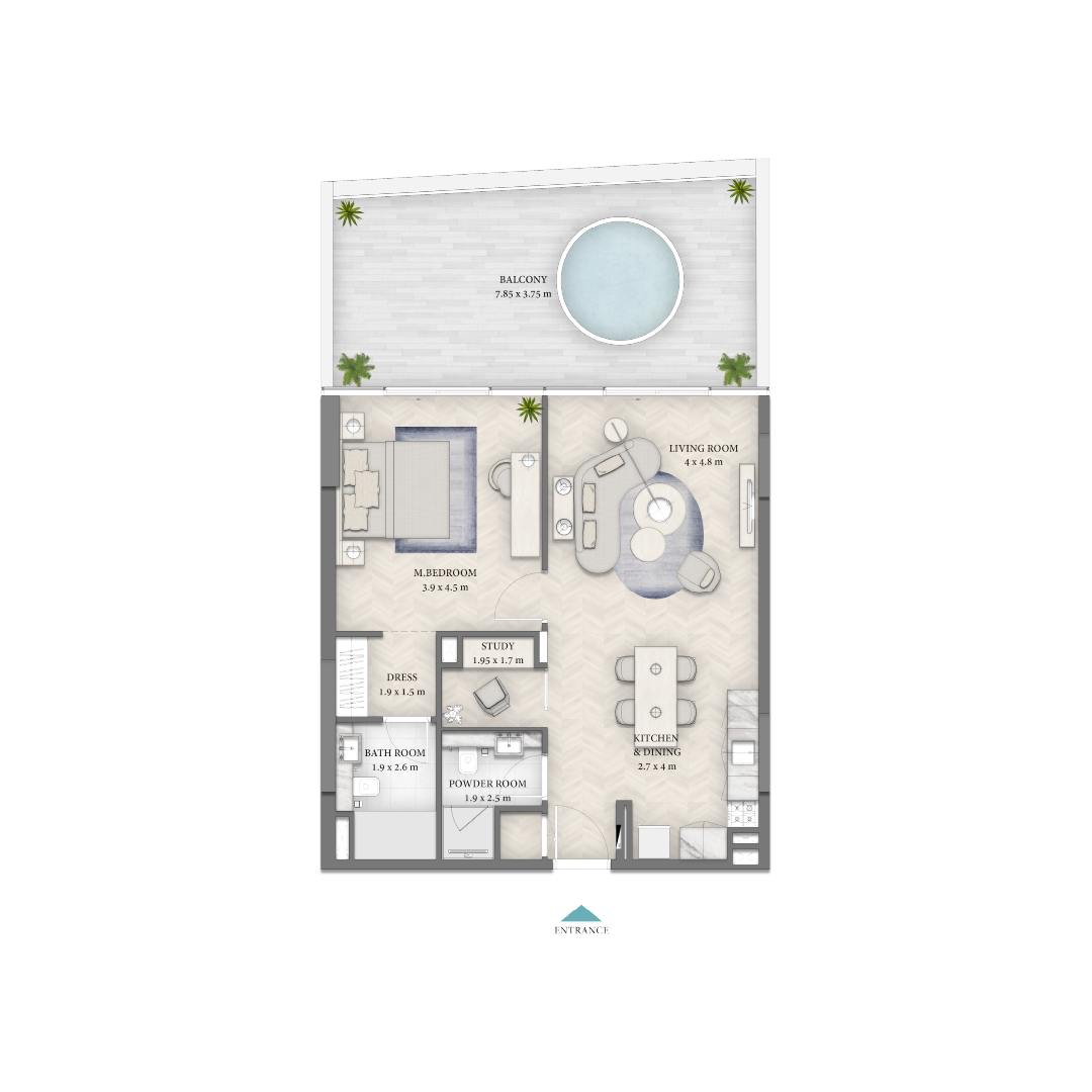 Beach Walk 4 By Imtiaz Floor plan of a home featuring a living room, bedroom, study, kitchen, and balcony with a round pool.